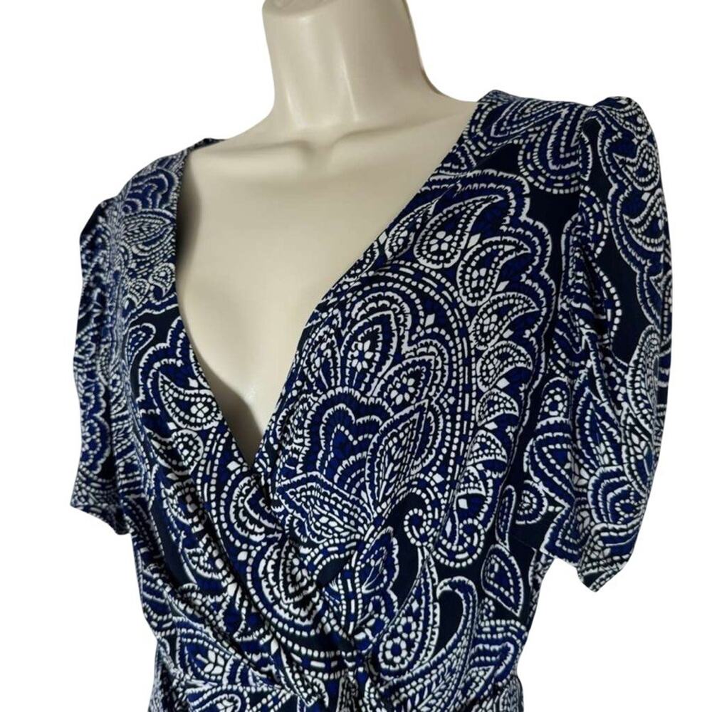 Harper Rose Womens Blue Jersey Knit Floral Wrap Look Puff Sleeve Midi Dress sz 4 - Picture 5 of 16